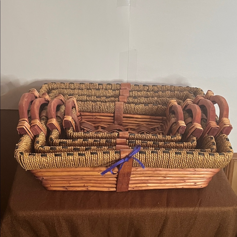 😄Rattan woven wicker nesting baskets wood handles